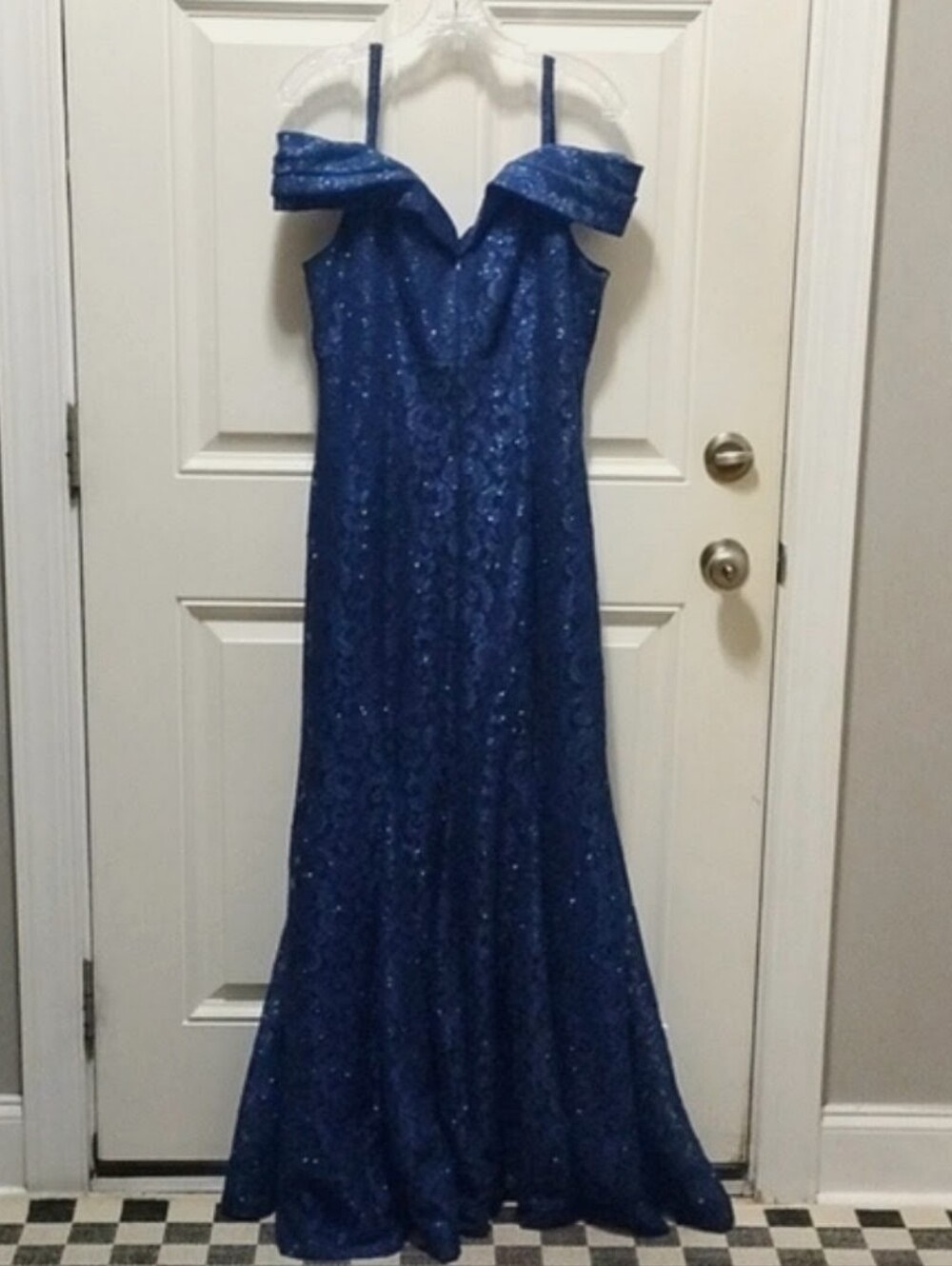 "R&M Richards Navy Blue Sequin Lace Strapless Mermaid Gown Formal Plus Size 18"
